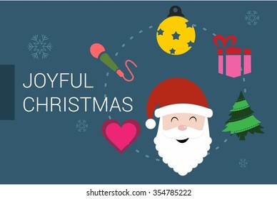 Merry Christmas Horizontal card With Flat Icons. Vector Illustration. blue color christmas card.