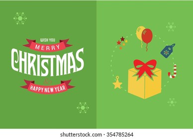 Merry Christmas Horizontal card With Flat Icons. Vector Illustration. green color christmas card.