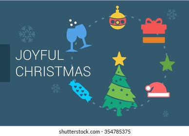 Merry Christmas Horizontal card With Flat Icons. Vector Illustration. blue color christmas card.