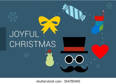 Merry Christmas Horizontal card With Flat Icons. Vector Illustration. blue color christmas card.