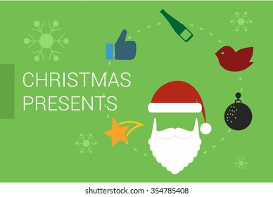 Merry Christmas Horizontal card With Flat Icons. Vector Illustration. green color christmas card.