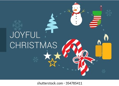 Merry Christmas Horizontal card With Flat Icons. Vector Illustration. blue color christmas card.