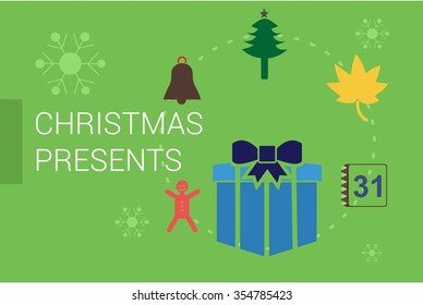 Merry Christmas Horizontal card With Flat Icons. Vector Illustration. green color christmas card.