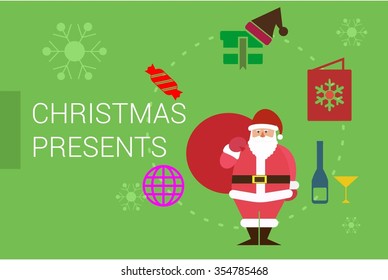 Merry Christmas Horizontal card With Flat Icons. Vector Illustration. green color christmas card.