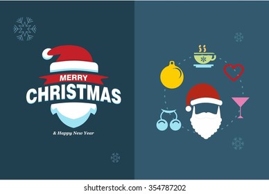 Merry Christmas Horizontal card With Flat Icons. Vector Illustration. blue color christmas card.