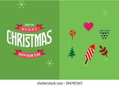 Merry Christmas Horizontal card With Flat Icons. Vector Illustration. green color christmas card.