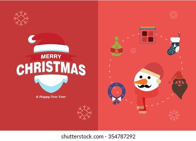 Merry Christmas Horizontal card With Flat Icons. Vector Illustration. pink color christmas card.