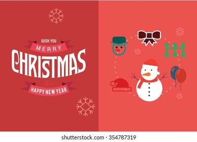 Merry Christmas Horizontal card With Flat Icons. Vector Illustration. pink color christmas card.