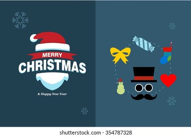 Merry Christmas Horizontal card With Flat Icons. Vector Illustration. blue color christmas card.