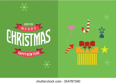 Merry Christmas Horizontal card With Flat Icons. Vector Illustration. green color christmas card.