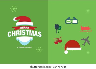 Merry Christmas Horizontal card With Flat Icons. Vector Illustration. green color christmas card.