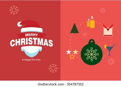 Merry Christmas Horizontal card With Flat Icons. Vector Illustration. pink color christmas card.