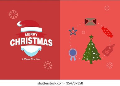 Merry Christmas Horizontal card With Flat Icons. Vector Illustration. pink color christmas card.