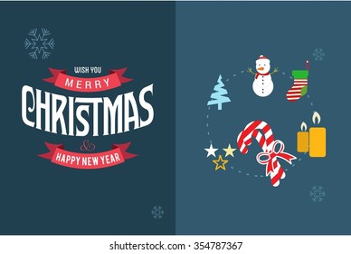Merry Christmas Horizontal card With Flat Icons. Vector Illustration. blue color christmas card.