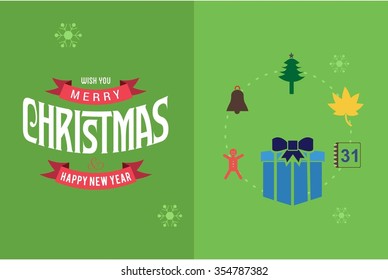 Merry Christmas Horizontal card With Flat Icons. Vector Illustration. green color christmas card.