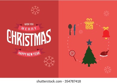 Merry Christmas Horizontal card With Flat Icons. Vector Illustration. pink color christmas card.