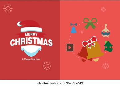 Merry Christmas Horizontal card With Flat Icons. Vector Illustration. pink color christmas card.