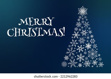 Merry Christmas horizontal card with Christmas tree made of graphic snowflakes. Bright vector illustration.