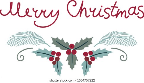 Merry Christmas horizontal card. Vector template for greeting, holiday banner. Hand drawn lettering and winter flora elements.