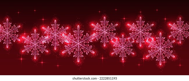 Merry Christmas horizontal digital web banner with red sparkling snowflakes in futuristic glowing low polygonal style on burgundy background. Modern abstract connection design vector illustration.