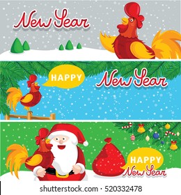 Merry Christmas horizontal flyer with Santa Claus and rooster on fence vector illustration. Year of red cock. Santa with full red sack. Light decoration, garland. Winter background with christmas tree
