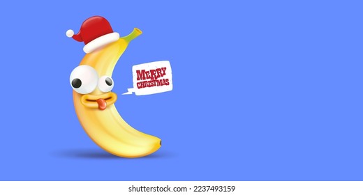 Merry Christmas horizontal greeting banner with funny cartoon banana character wearing santa red hat isolated on blue background. Funny and cute Christmas card with smiling Banana monster