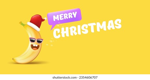 Merry Christmas horizontal greeting banner with funny cartoon banana character wearing santa red hat isolated on yellow background. Funny and cute Christmas card with smiling Banana monster