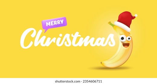 Merry Christmas horizontal greeting banner with funny cartoon banana character wearing santa red hat isolated on yellow background. Funny and cute Christmas card with smiling Banana monster