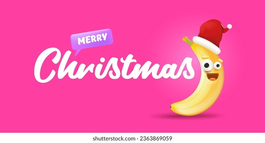 Merry Christmas horizontal greeting banner with funny cartoon banana character wearing santa red hat isolated on pink background. Funny and cute Christmas card with smiling Banana monster