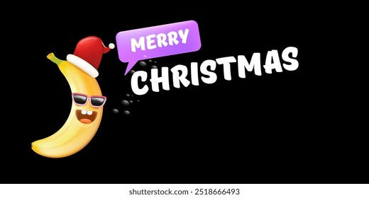 Merry Christmas horizontal greeting banner with funny cartoon banana character wearing santa red hat isolated on black background. Funny and cute Christmas card with smiling Banana monster