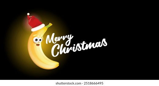 Merry Christmas horizontal greeting banner with funny cartoon banana character wearing santa red hat isolated on black background. Funny and cute Christmas card with smiling Banana monster