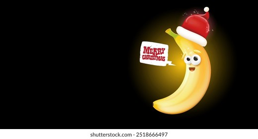 Merry Christmas horizontal greeting banner with funny cartoon banana character wearing santa red hat isolated on black background. Funny and cute Christmas card with smiling Banana monster