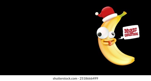 Merry Christmas horizontal greeting banner with funny cartoon banana character wearing santa red hat isolated on black background. Funny and cute Christmas card with smiling Banana monster