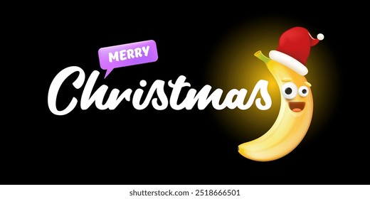 Merry Christmas horizontal greeting banner with funny cartoon banana character wearing santa red hat isolated on black background. Funny and cute Christmas card with smiling Banana monster