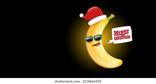 Merry Christmas horizontal greeting banner with funny cartoon banana character wearing santa red hat isolated on black background. Funny and cute Christmas card with smiling Banana monster