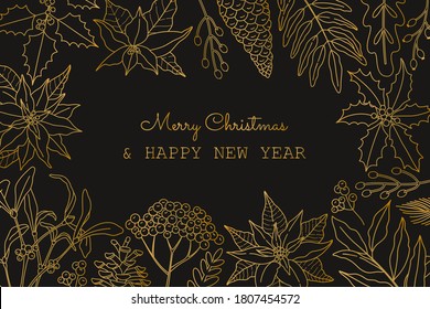 Merry Christmas horizontal greeting card with gold plants. Poinsettia, holly berry, pine cone and laurel in doodle line style, modern placard on isolated black background.