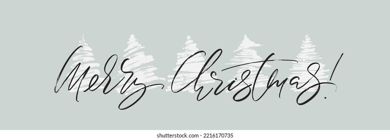 Merry Christmas horizontal greeting card design. Holiday vector illustration with lettering composition and hand drawn chrismas trees silhouettes.