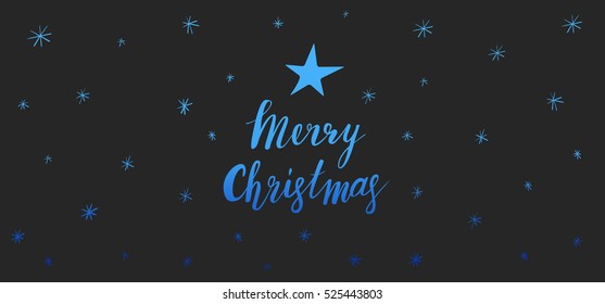 Merry christmas horizontal greeting card with blue sparkling lettering and snowflakes on the background