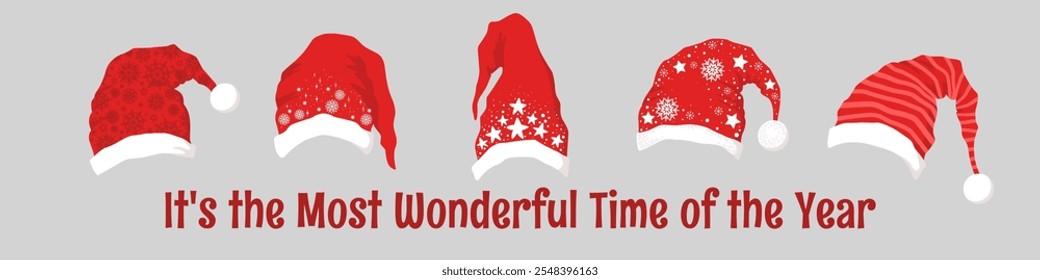Merry Christmas horizontal illustration with cartoon red Santa Claus hats isolated on grey background. Vector illustration template for greeting card print, poster, banner, holiday decoration