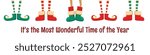 Merry Christmas horizontal illustration with cute cartoon elves legs in shoes and boots isolated on white background. Vector illustration template for greeting card print, poster, banner