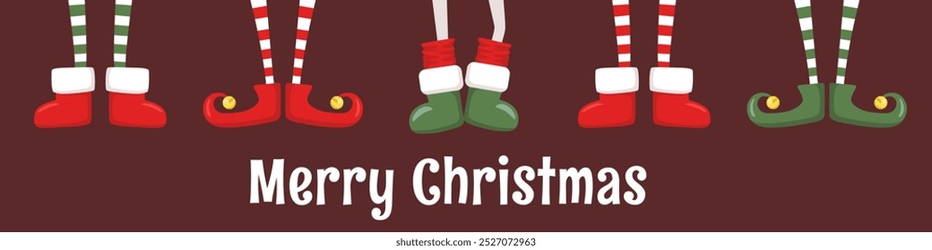 Merry Christmas horizontal illustration with cute cartoon elves legs in shoes and boots isolated on brown background. Vector illustration template for greeting card print, poster, banner