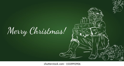 Merry Christmas Horizontal poster Vector illustration in a sketch style. Santa with presents Christmas card with Lettering.