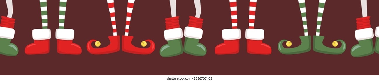 Merry Christmas horizontal seamless pattern with cute cartoon elves legs in shoes and boots isolated on brown background. Vector illustration template for greeting card print, poster, banner