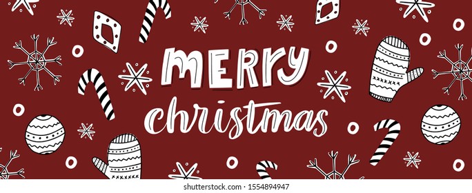 Merry Christmas horizontal social media banner. White hand drawn elements on red background. Lettering calligraphy text.