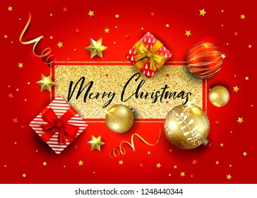 Merry Christmas horizontal vector banner. Realistic balls, gift box, serpentine, stars. 3D illustration. Elegant essence ads. Golden frame. Shiny sparkly  red background. Template for greeting card.