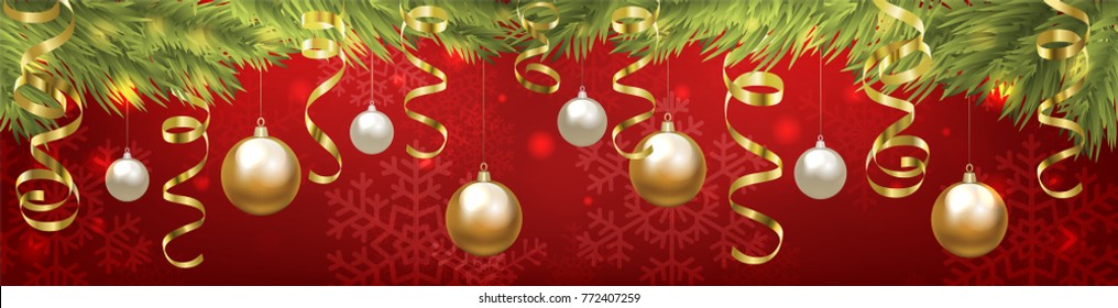 Merry Christmas horizontal web banner with red snowflakes background, Christmas tree border, baubles and golden serpentine streamers