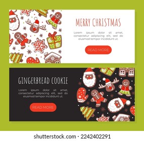 Merry Christmas horizontal web banners set. Gingerbread cookies landing page, mobile app design cartoon vector