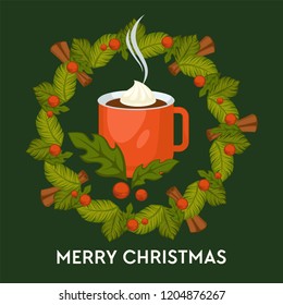 Merry Christmas, hot drink with cinnamon in mug vector.