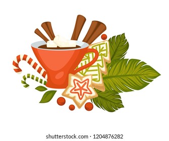 Merry Christmas, hot drink with cinnamon in mug vector.