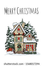 Merry Christmas house. Cartoon hand drawn vector illustration. Happy new year banner. Vintage style. Greeting card. Nature. Winter time.